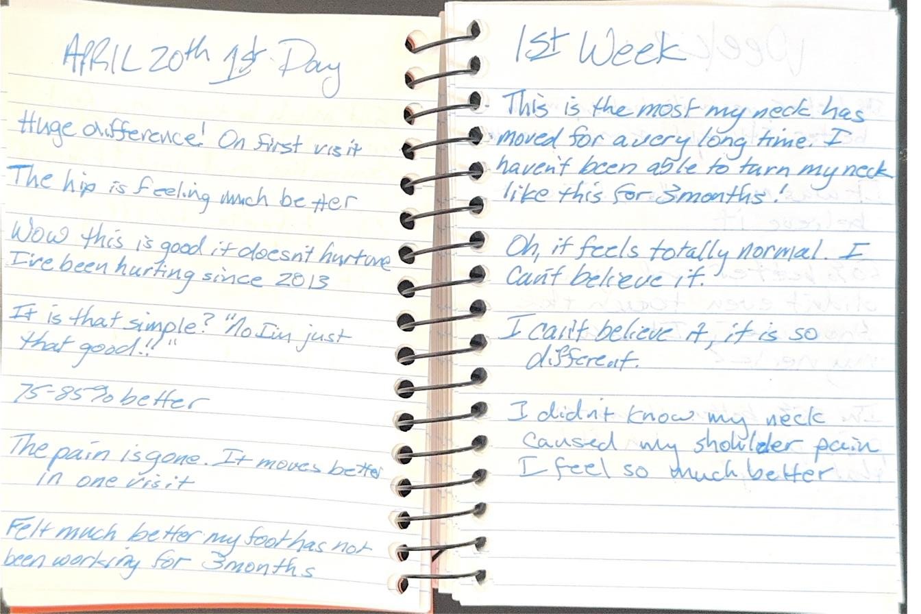 Handwritten notebook page — first day and first week patient reactions