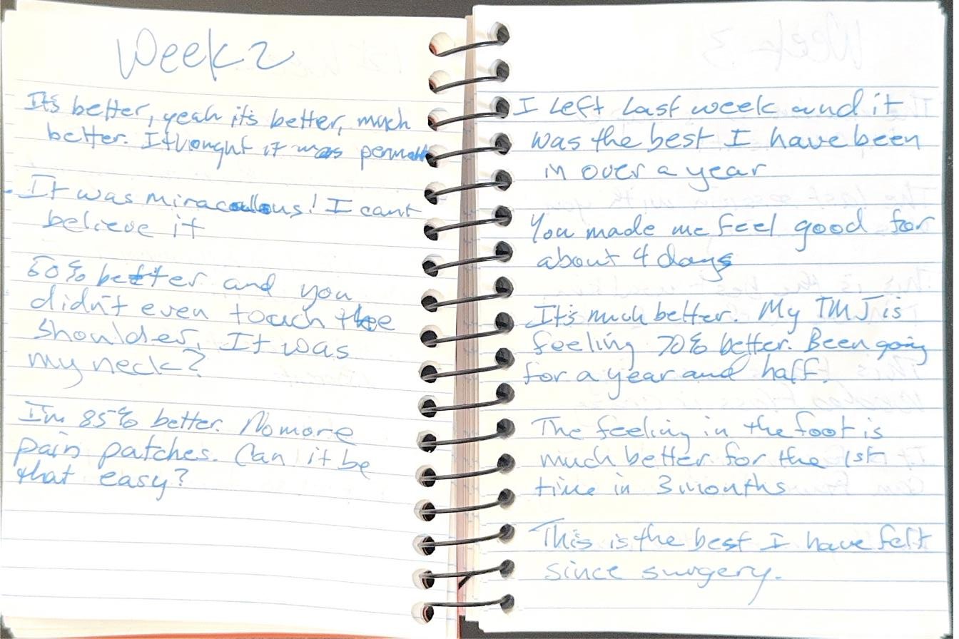 Handwritten notebook page — week two patient reactions