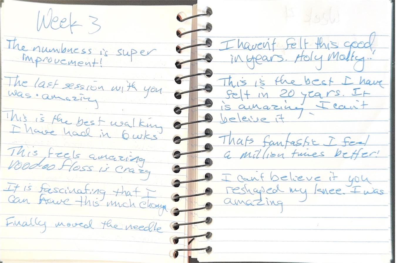 Handwritten notebook page — week three patient reactions